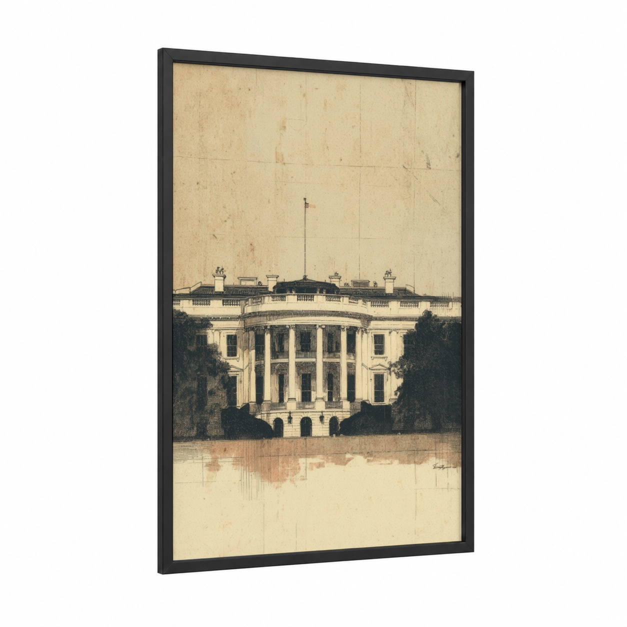 Classical White House framed art print — black wood frame — beige and black and white palette