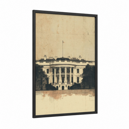 Classical White House framed art print — black wood frame — beige and black and white palette
