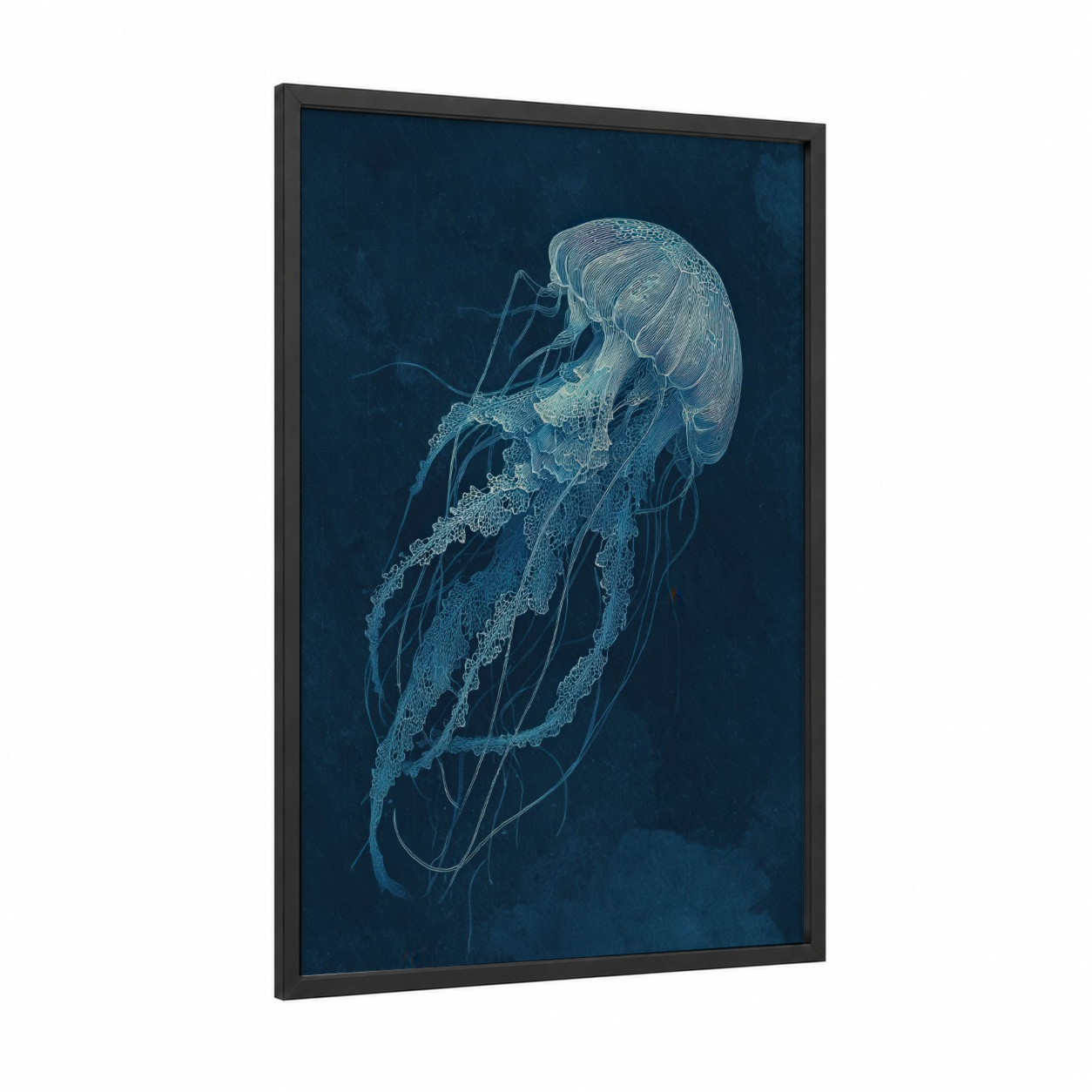 Ethereal Jellyfish framed art print — black wood frame — dark blue and turquoise palette