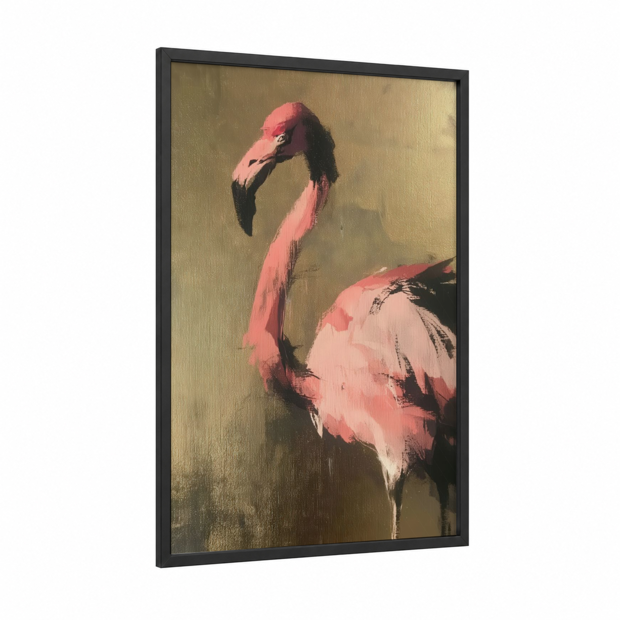 Pink Flamingo framed art print — black wood frame — pink and gold palette