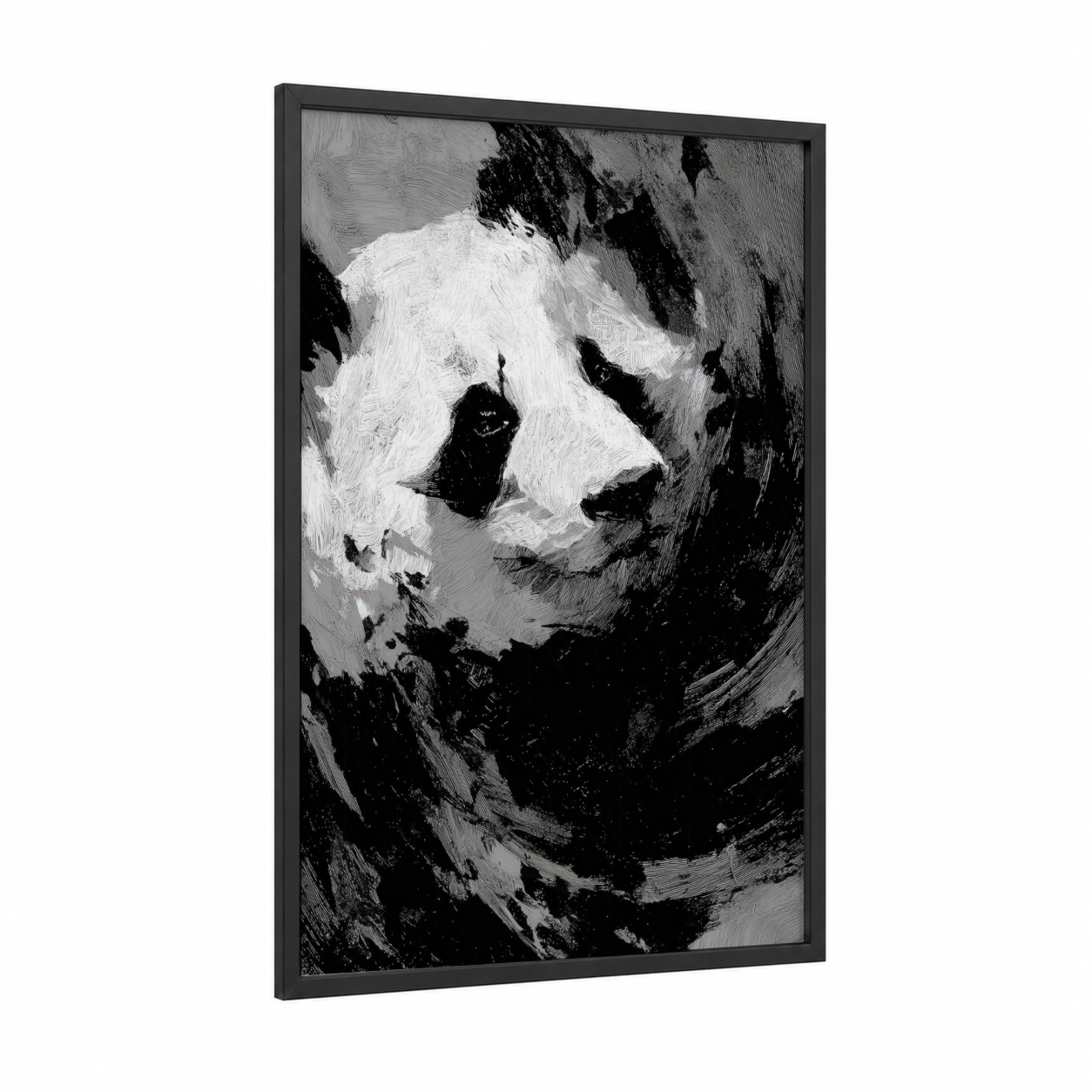 Monochrome Panda framed art print — black wood frame — black and white palette