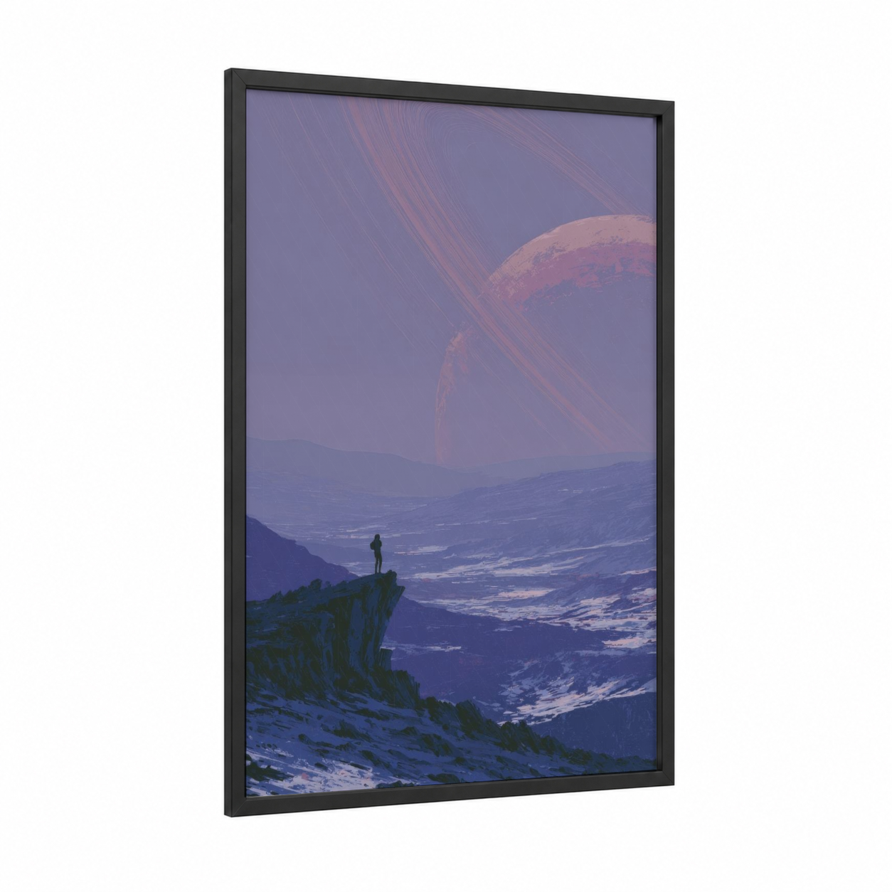 Alien Planet Observer framed sci-fi print — black wood frame — purple and blue palette