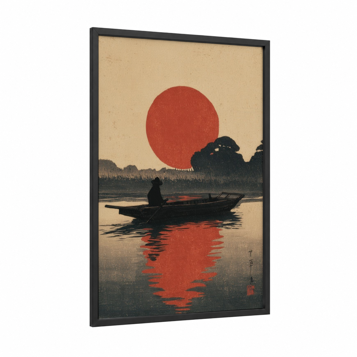 Crimson Sunset Boatman framed kayaks and canoes print — black wood frame — red and beige palette