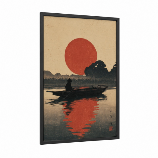 Crimson Sunset Boatman framed kayaks and canoes print — black wood frame — red and beige palette