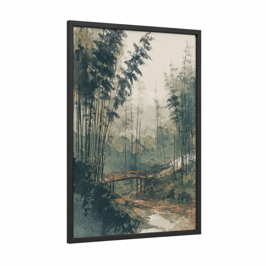 Misty Bamboo Bridge framed bamboo jungle print — black wood frame — sage green and dove gray palette