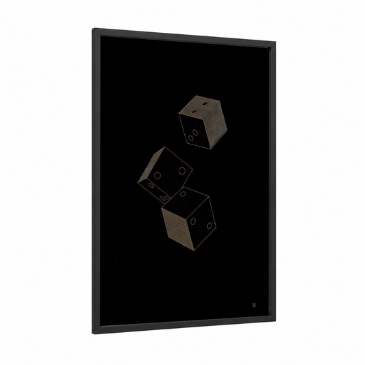 Golden Dice Stack framed art print — black wood frame — gold and black palette