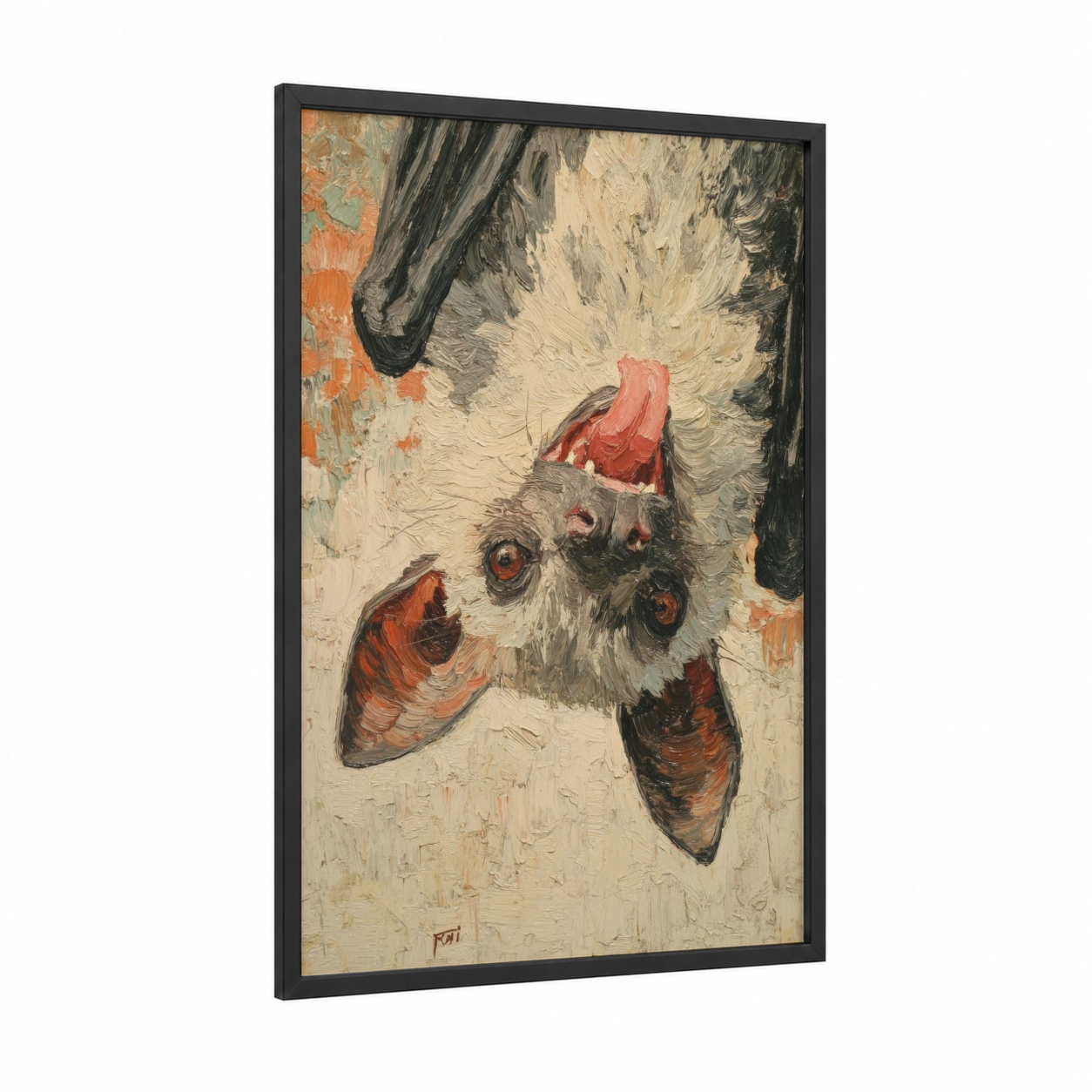 Crimson Bat Portrait framed art print — black wood frame — cream and red palette