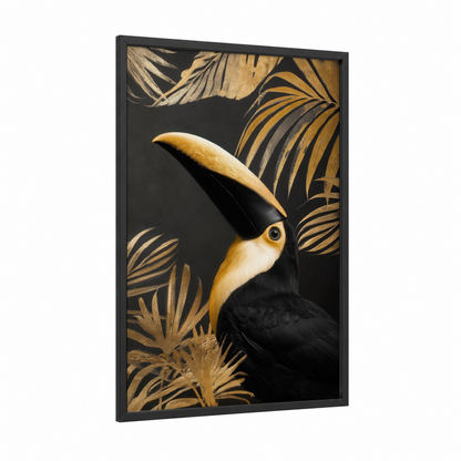 Golden Toucan framed art print — black wood frame — black and gold and gold palette