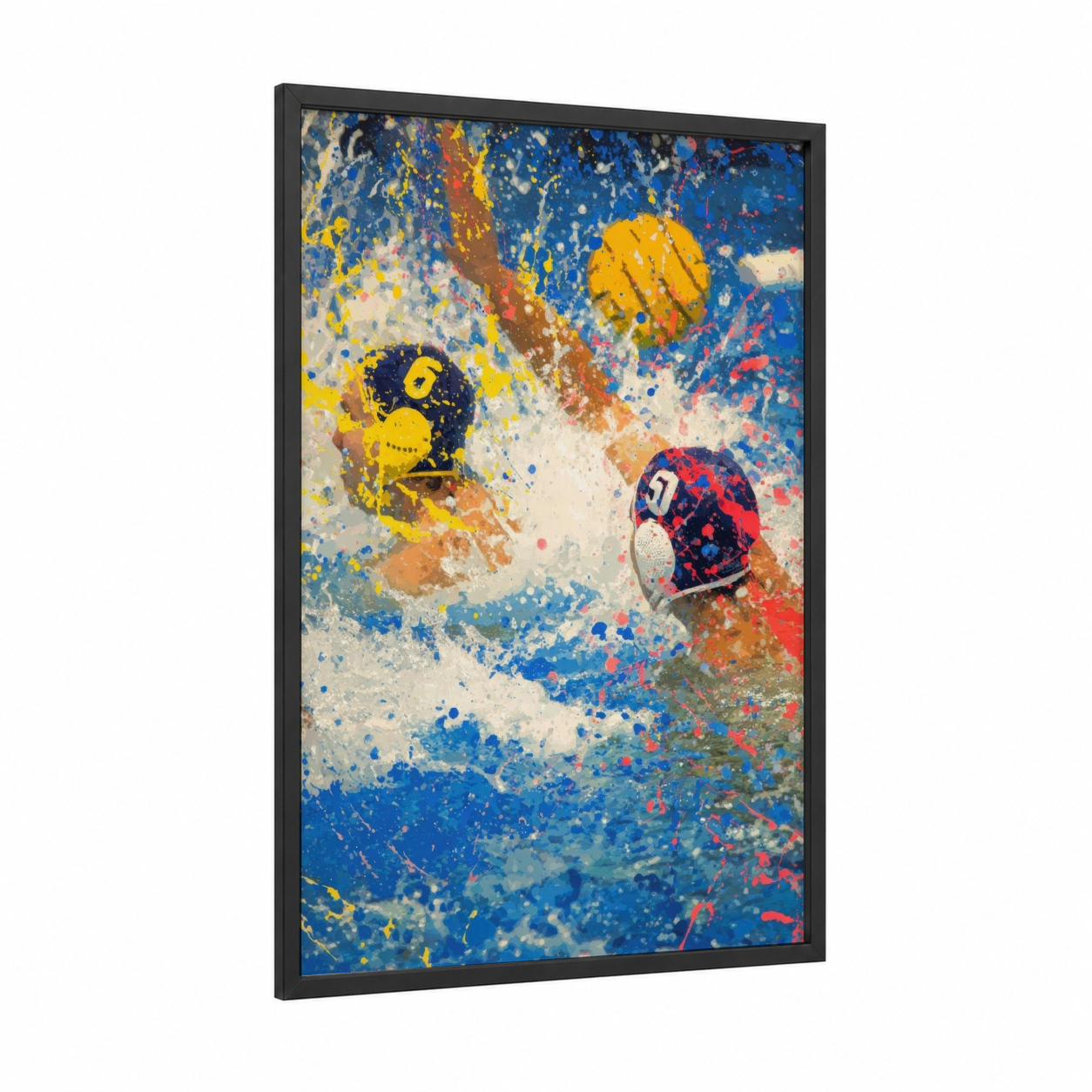 Dynamic Water Polo framed art print — black wood frame — blue and yellow and red palette