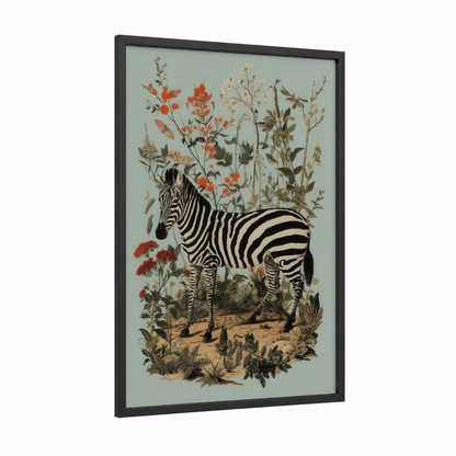 Botanical Zebra framed art print — black wood frame — sage green and russet palette