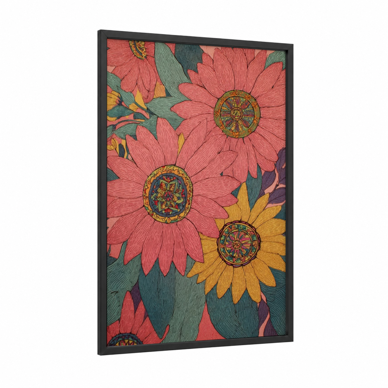 Coral Daisy Garden framed art print — black wood frame — salmon pink and gold palette