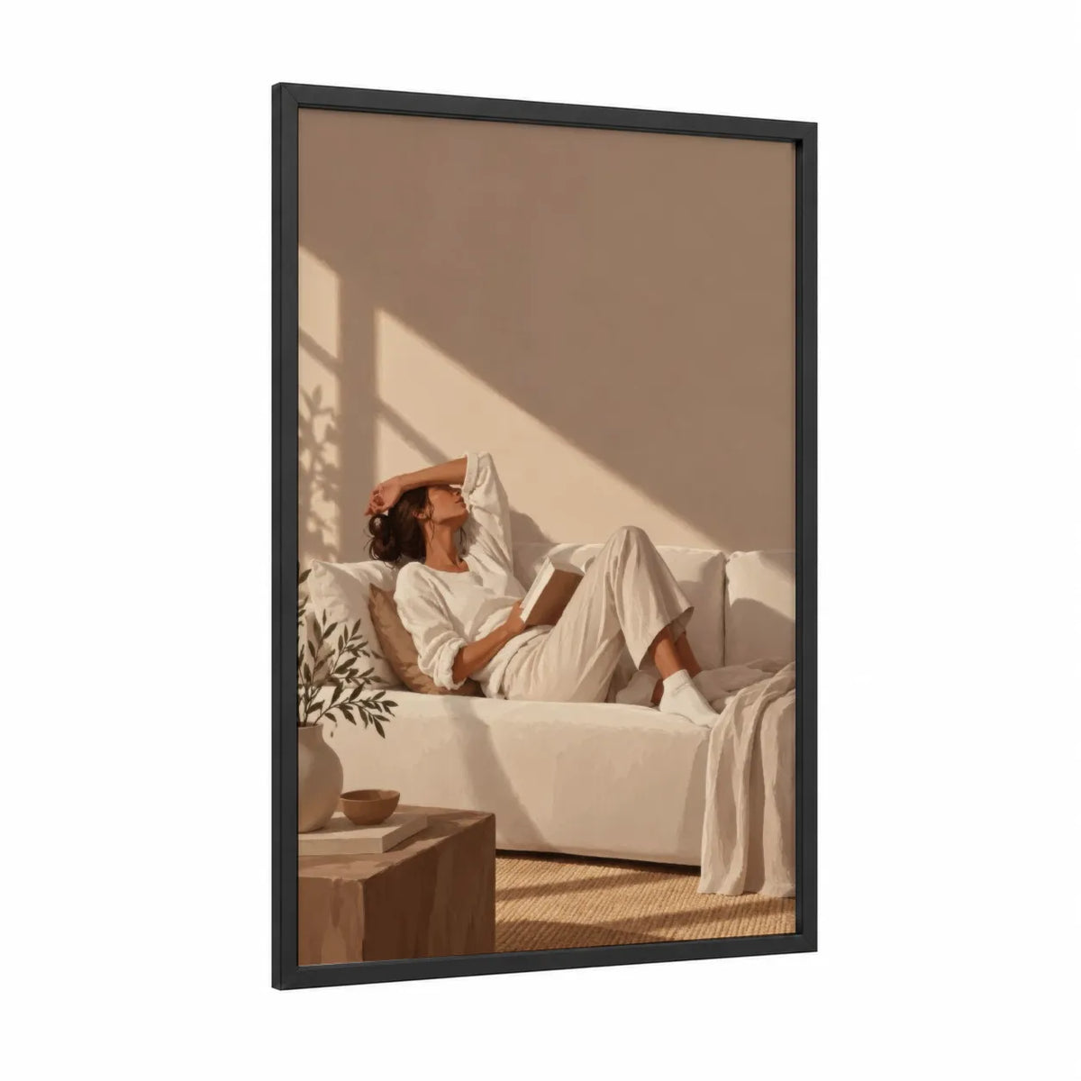 Serene Reading Moment Wall Art framed art print — black wood frame — beige and cream palette