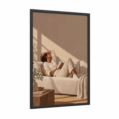 Serene Reading Moment Wall Art framed art print — black wood frame — beige and cream palette