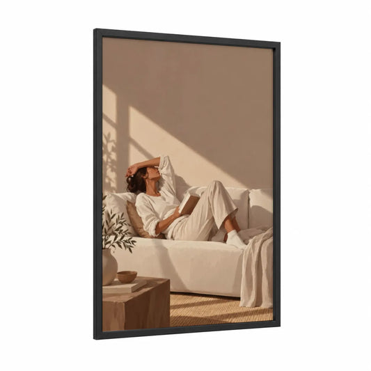 Serene Reading Moment Wall Art framed art print — black wood frame — beige and cream palette