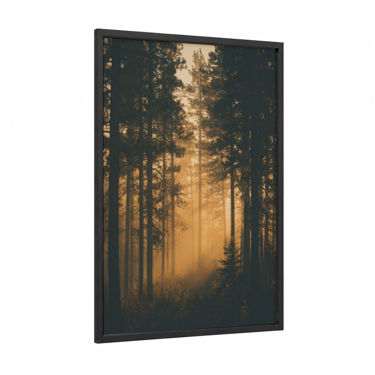 Golden Pine Mist framed pine forest print — black wood frame — gold and black palette