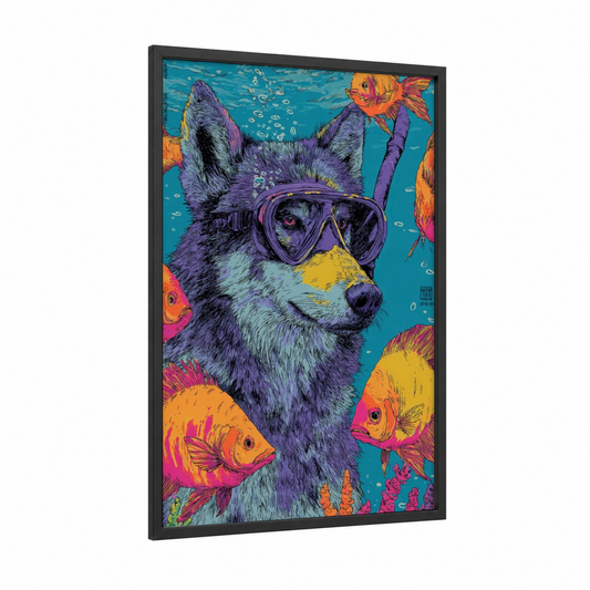 Snorkeling Wolf framed art print — black wood frame — blue and magenta palette