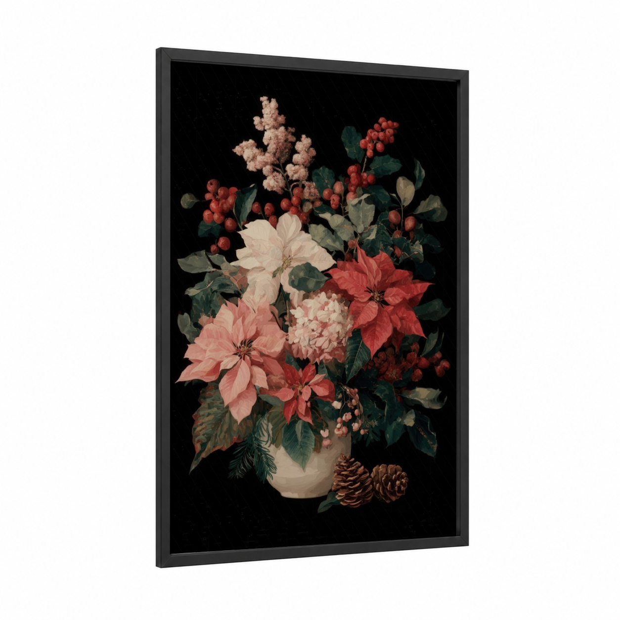 Holiday Floral Arrangement framed christmas print — black wood frame — red and cream palette