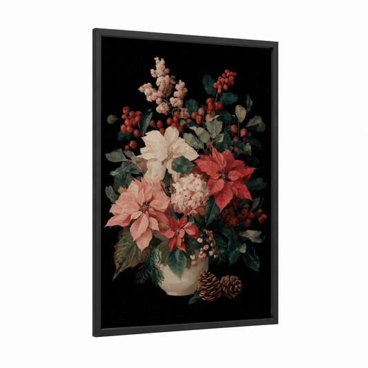 Holiday Floral Arrangement framed christmas print — black wood frame — red and cream palette