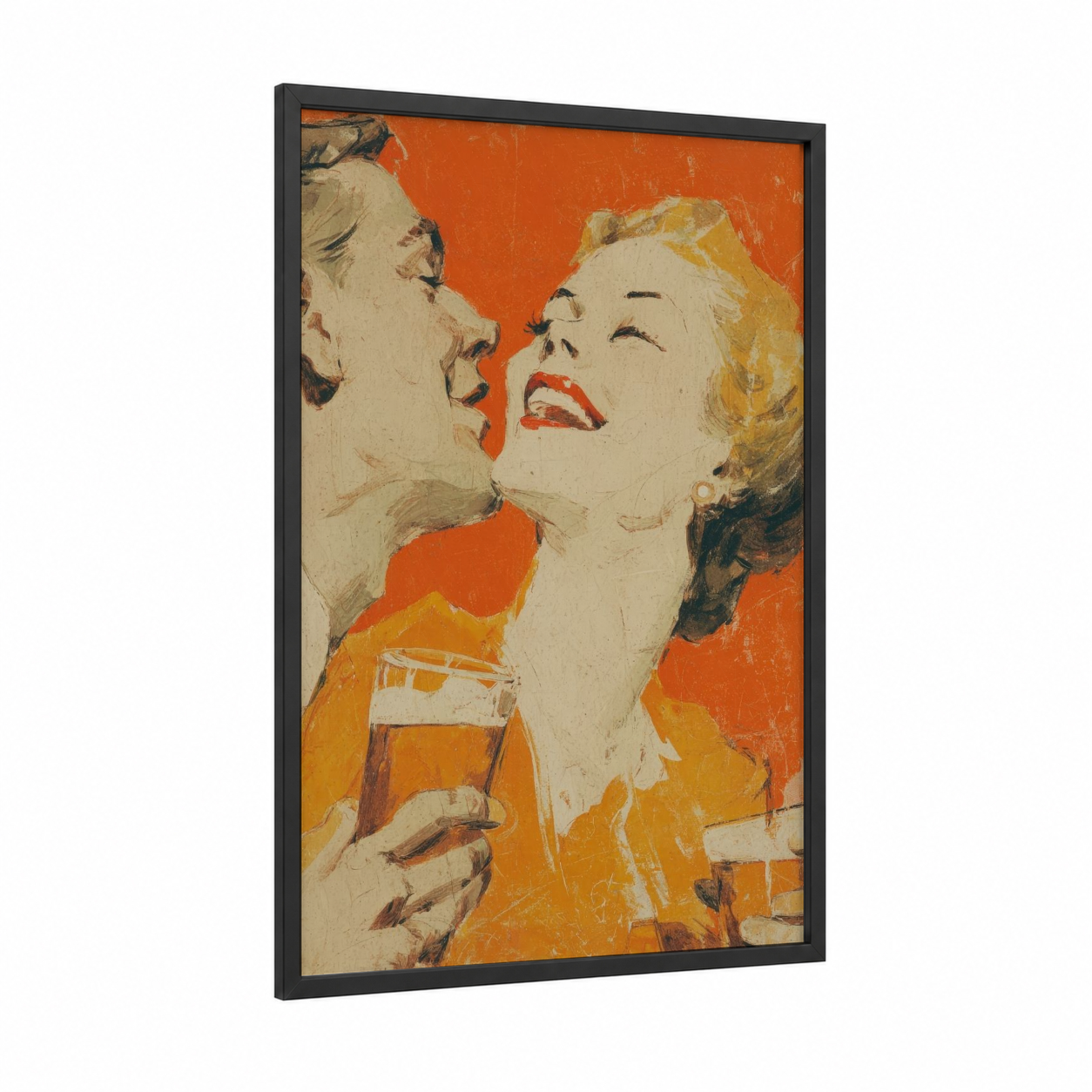 Vintage Beer Flirtation framed art print — black wood frame — orange and gold palette