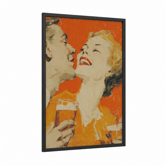 Vintage Beer Flirtation framed art print — black wood frame — orange and gold palette