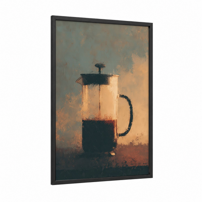 Morning Coffee Brew framed kitchen utensils print — black wood frame — cream and gold palette