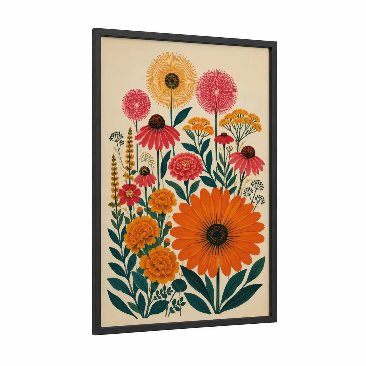 Modern Botanical Garden Wall Art framed flower print — black wood frame — orange and cream palette