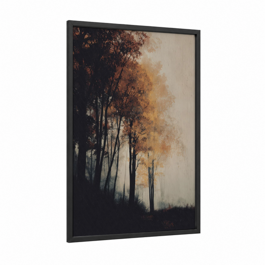 Autumn Maple Forest framed art print — black wood frame — russet and cream palette
