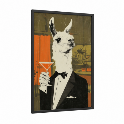 Dapper Llama framed art print — black wood frame — orange and olive palette