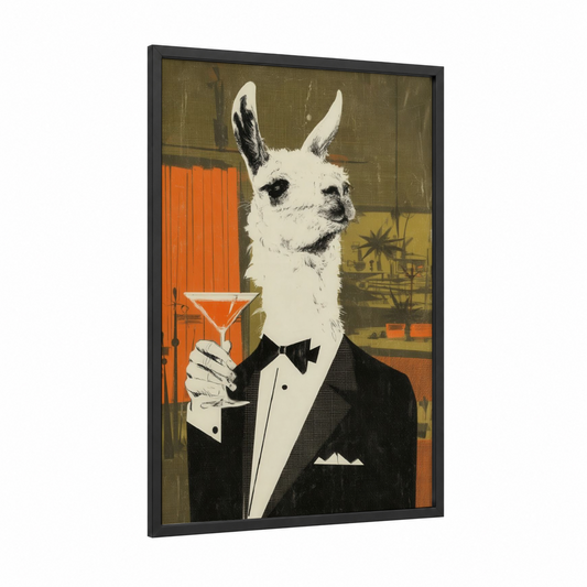 Dapper Llama framed art print — black wood frame — orange and olive palette