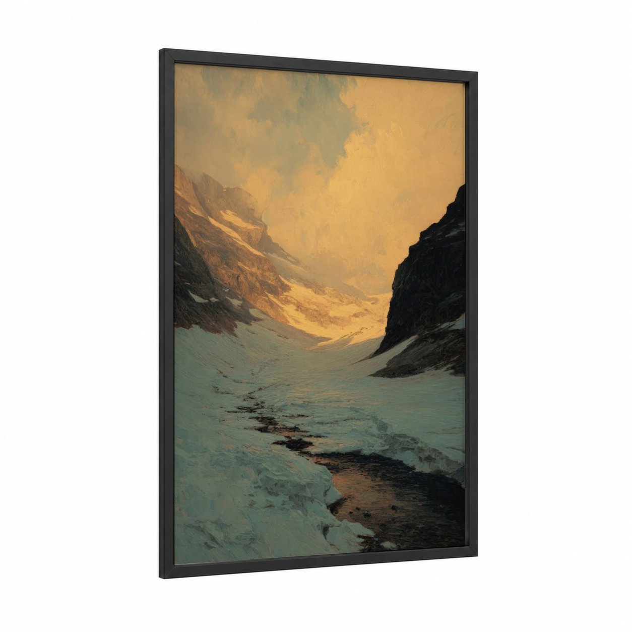 Golden Glacier Valley framed art print — black wood frame — gold and blue palette