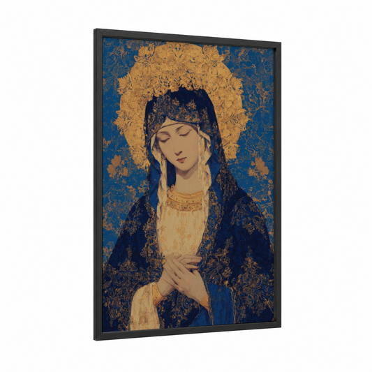 Golden Madonna framed virgin mary print — black wood frame — gold and blue palette