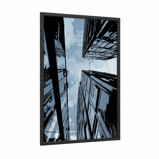 Urban Geometry framed abstract architecture print — black wood frame — blue and white and black palette