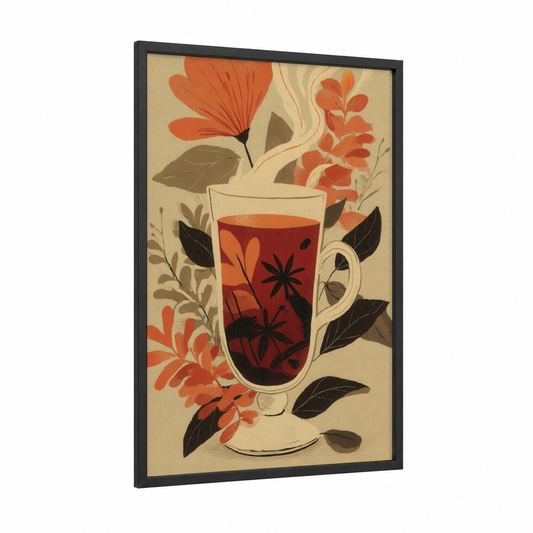 Herbal Cocktail framed art print — black wood frame — red and beige palette