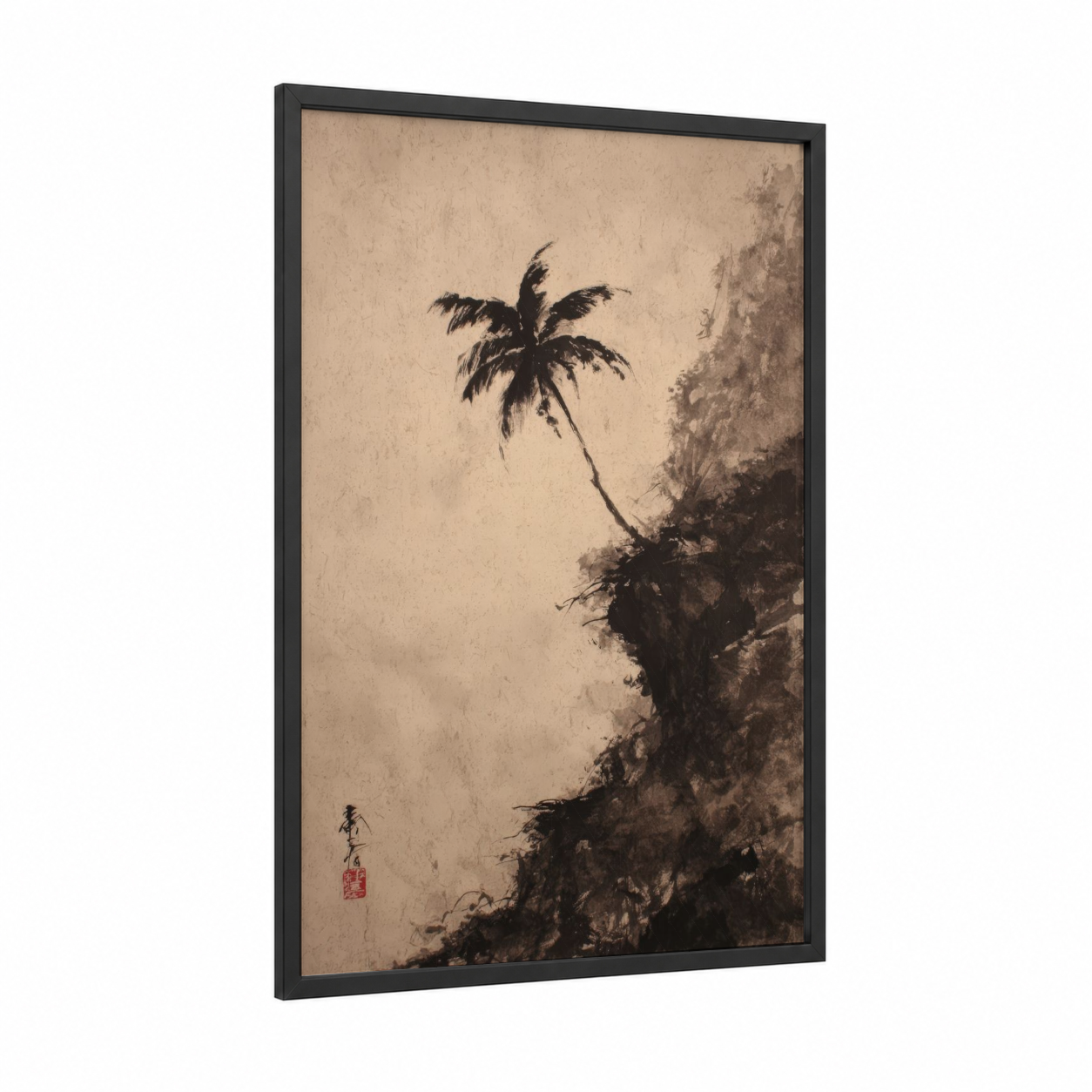 Solitary Palm framed palm tree print — black wood frame — black and beige palette