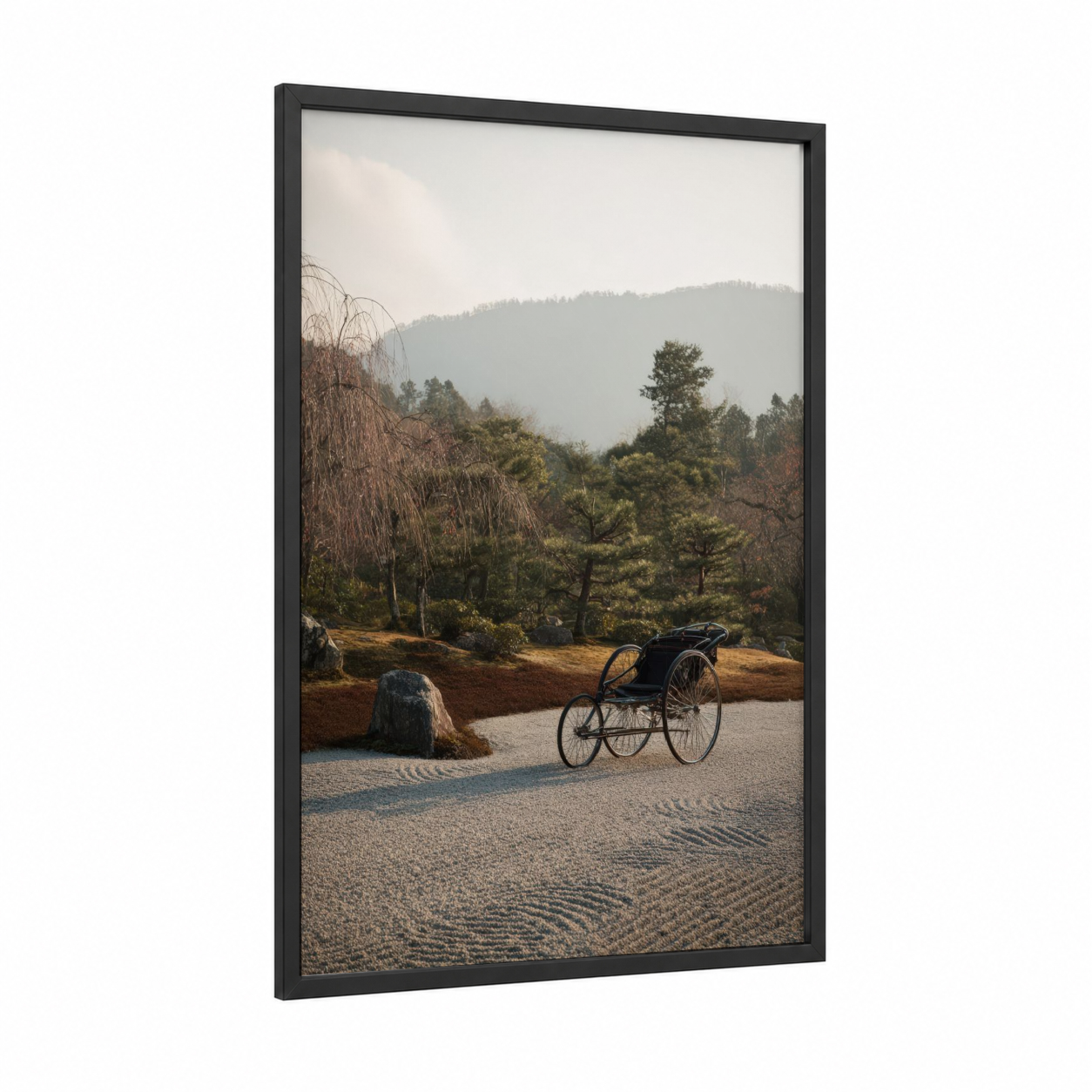 Zen Rickshaw framed art print — black wood frame — gray and sage green palette