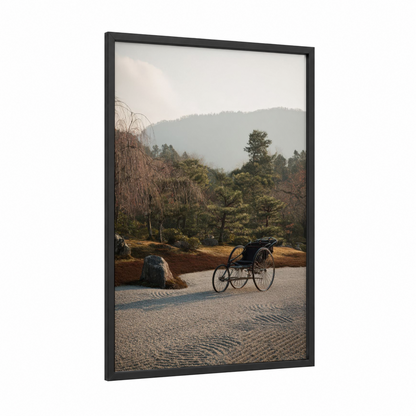 Zen Rickshaw framed art print — black wood frame — gray and sage green palette