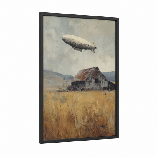 Vintage Airship framed art print — black wood frame — cream and gray palette