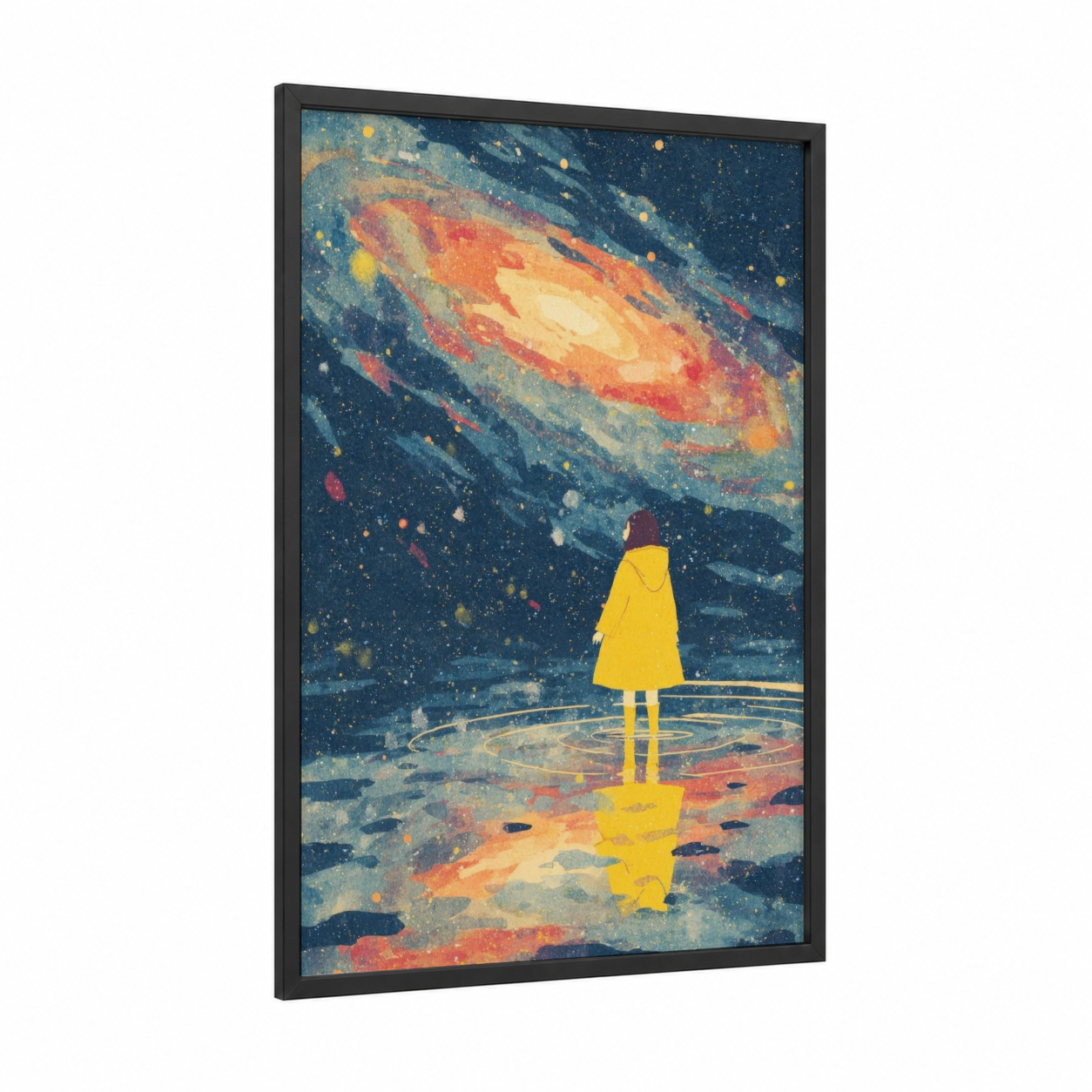 Cosmic Dreamer Girl framed art for girl print — black wood frame — blue and gold palette