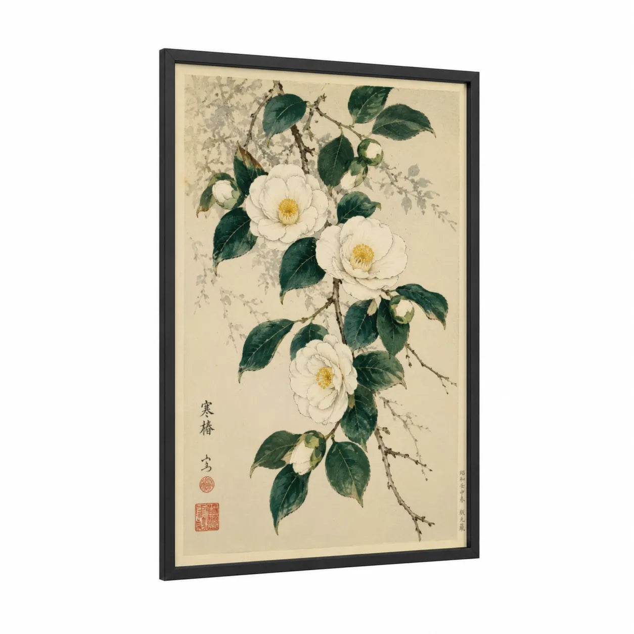 White Camellia Botanical Wall Art framed flower print — black wood frame — beige and cream palette