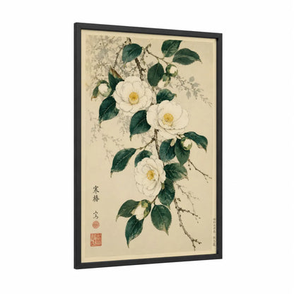 White Camellia Botanical Wall Art framed flower print — black wood frame — beige and cream palette