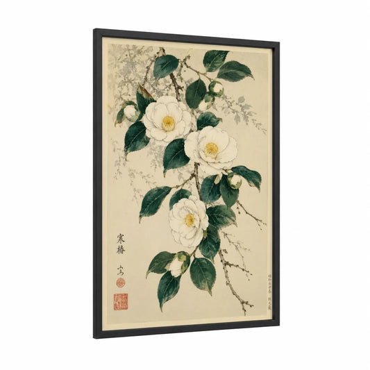 White Camellia Botanical Wall Art framed flower print — black wood frame — beige and cream palette
