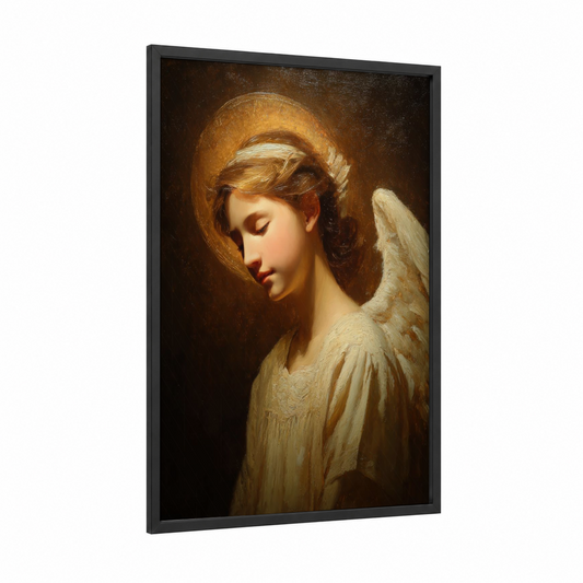 Serene Angel framed christian symbols print — black wood frame — gold and white palette