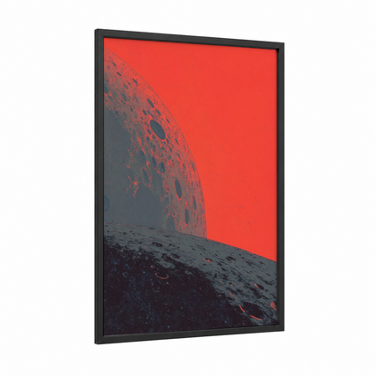 Crimson Moon Rise framed solar system print — black wood frame — red and black and white palette
