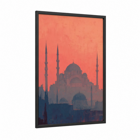 Crimson Mosque Silhouette framed art print — black wood frame — peach and blue palette