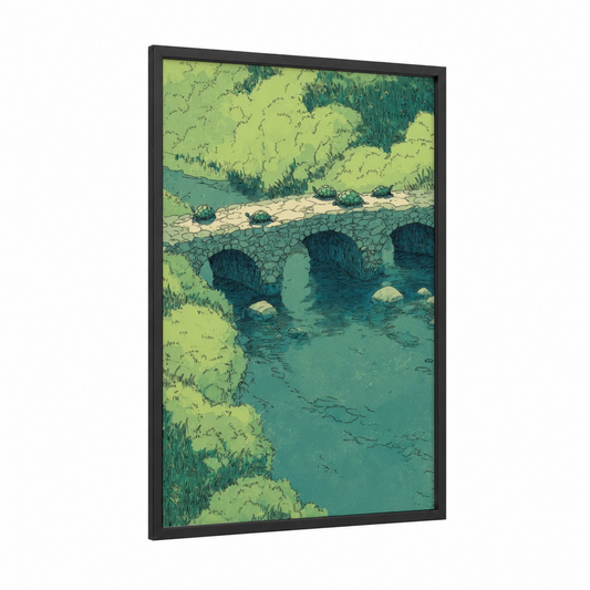 Riverside Stone Bridge framed canal print — black wood frame — light green and teal palette