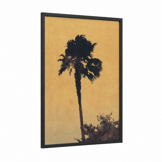 Golden Palm Silhouette framed palm tree print — black wood frame — gold and brown palette