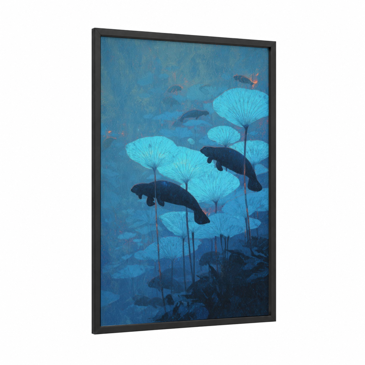 Underwater Manatees framed art print — black wood frame — blue and turquoise palette