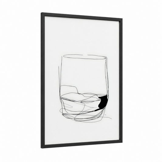 Minimal Whiskey framed art print — black wood frame — black and white palette