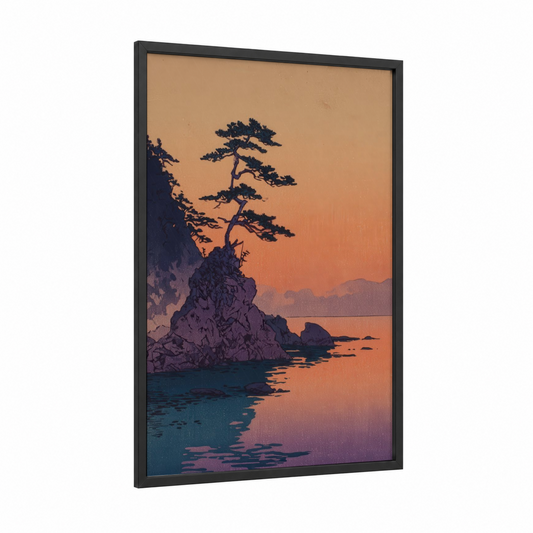 Coastal Cypress Silhouette framed cypress tree print — black wood frame — orange and teal palette