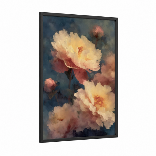 Cream Peony Blossoms framed art print — black wood frame — blue and cream palette